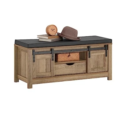 Image of SoBuy FSR118 BR, Hallway Shoe Bench Cabinet Rack with 2 Sliding Doors, Storage Removable Seat Cushion