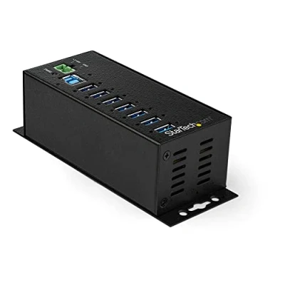Image of StarTech.com 7 Port USB Hub with Power Adapter Surge Protection Metal Industrial 3.0 Data Transfer Din Rail, Wall or Desk Mountable High Speed 3.1 Gen 1 5Gbps (HB30A7AME)