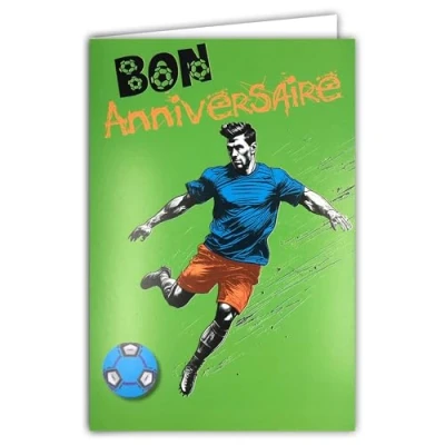 Image of 69 8114 Happy Birthday Card with Envelope 12 x 17.5 cm Illustration Footballer Player Sporty Supporter Ball Real Fluorescent Inks Created and Made in France