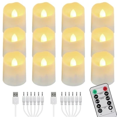 Image of FREEPOWER 12pcs Rechargeable Tea Lights with Remote Control and Timer Warm White Flickering Dimmable Flameless LED Votive Candles 2 USB Charging Cables, Home Decoration