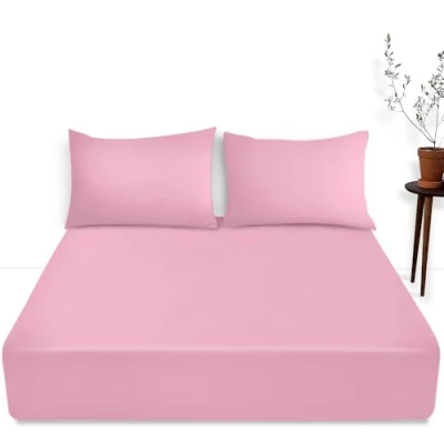 Image of King Size Deep Fitted Sheet 16&quot;/40 cm Anti Allergy Bedding Polycotton Fabric Pocket Bottom Pink