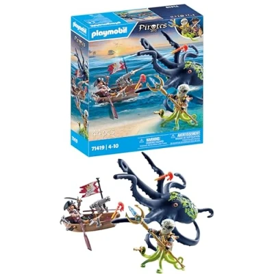 Image of Playmobil 71419 Pirates: pirate vs. Deeper Battle with the Giant Octopus, fantasy world, fun imaginative role play, playsets suitable for children ages 4+