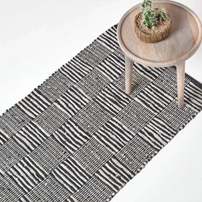 Image of HOMESCAPES Black &amp; White Genuine Leather Hall Runner Handwoven Striped Block Check Eco Friendly Real Rug, 66 x 200 cm
