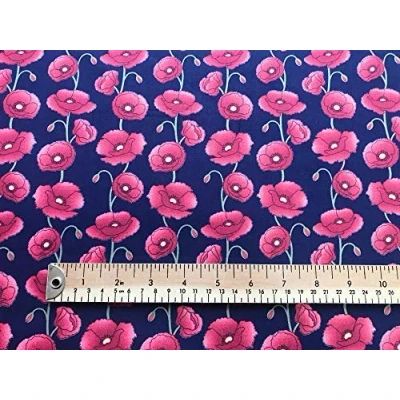 Image of Oddies 100% Cotton Poplin Fabric Red Poppy Flower Print on Navy Blue Background Craft Material by the Metre (CPO460NAV)