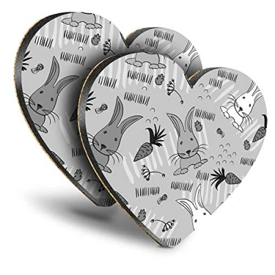 Image of Destination Vinyl ltd Great Coasters (Set of 2) Heart BW Cute Cartoon Rabbit Drawings Drink Glossy Coasters/Tabletop Protection for Any Table Type #35677