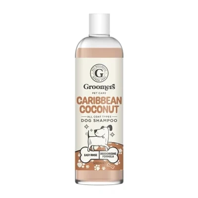 Image of Groomers Caribbean Coconut Dog shampoo Grooming products for smelly dogs with Carribean scent best puppy &amp; adult Vegan pet professional 500ml