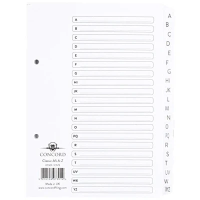 Image of Concord Classic Index Mylar reinforced Punched 2 Holes A Z 20 Part A5 White Ref 07301/CS73