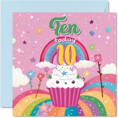 Image of 10th Birthday Card Girl Cupcake Rainbow Happy for 10 Year Old Girl, Age Girls Cards Tenth Card, 145mm x Bday Greeting