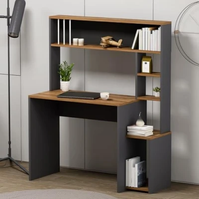 Image of HOMIDEA OLIVIA Writing &amp; Computer Desk Workstation Table with Shelves Modern Design for Home Office, Living Room or Children&#039;s (Olivia Anthracite)
