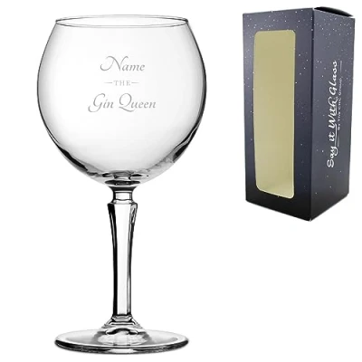 Image of Personalised Engraved Hudson Gin Balloon Cocktail Glass with The Queen Design, Personalise Any Name for Occasion, Gift Box Included, Laser
