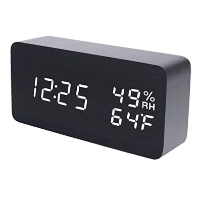 Image of Raercodia Wooden Alarm Clock Snooze Modern Wood Digital Electronic Desk LED Display Time Temperature Humidity Voice Control 3 Alarms Brightness for Home Kids Bedroom Office(Black,White)