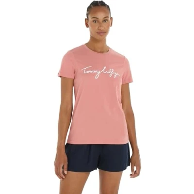 Image of Tommy Hilfiger Women Reg C Nk Signature Tee Ss S/S Knit Tops, Pink, XXS
