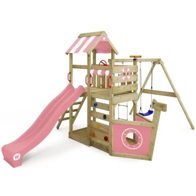 Image of WICKEY Wooden climbing frame SeaFlyer with swing set &amp; slide, Outdoor kids playhouse sandpit, ladder play accessories for the garden pink pastel