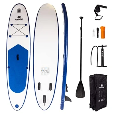 Image of Waikiki Inflatable Stand Up Paddle Board Blue SUP 10FT with Adjustable Paddle, Pump &amp; Backpack. Non Slip 305cm x 71cm 10cm