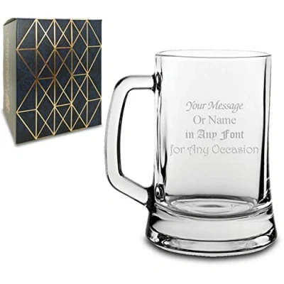 Image of Personalised Engraved Glass Beer Stein, Personalise with Any Message for Occasion, Stylize a Variety of Fonts, Laser Engraved, Gift Box Included