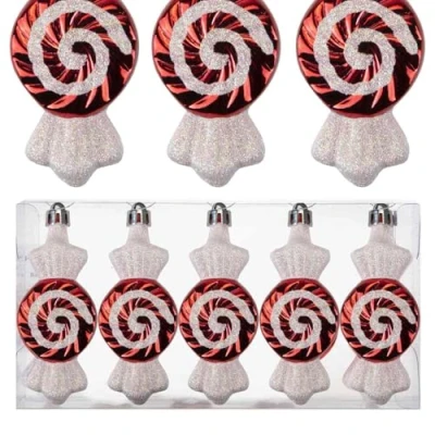 Image of VFM Red &amp; White 10cm Sweet Baubles Swirl Candy Cane (5 Pack) Christmas Decorations