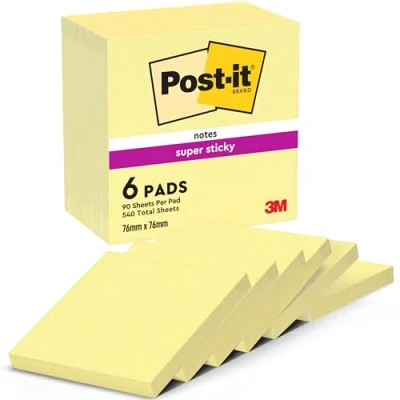 Image of Post it Super Sticky Notes Canary Yellow, Pack of 6 Pads, 90 Sheets per Pad, 76 mm x mm, Yellow Color Extra For Note Taking, To Do Lists &amp; Reminders