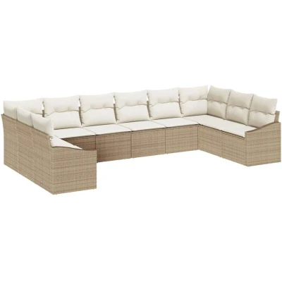Image of vidaXL 10 Piece Garden Dining Set with Cushions Beige Poly Rattan