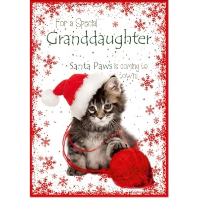 Image of doodlecards Granddaughter Christmas Card Cute Santa Paws Kitten Cat Pet Large A4 Size for with Plain Envelope