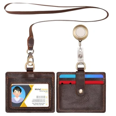 Image of Wonderpool Leather Horizontal Badge Holder with Detachable Neck Lanyard and Retractable Reel Clip, Card Slots Case ID for Badges Driver Licence (Coffee)
