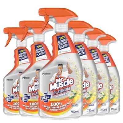 Image of Mr Muscle Kitchen Cleaner, Platinum Antibacterial Spray, Citrus, Pack of 6 (6 x 750 ml)