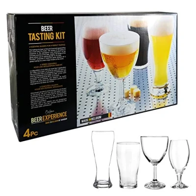 Image of Set of 4 Beer Tasting Kit Glass Boxed Gift Featuring Abbaye 500ml, Sevilla 380ml, Tulip 560ml &amp; Danube 580ml Glasses.