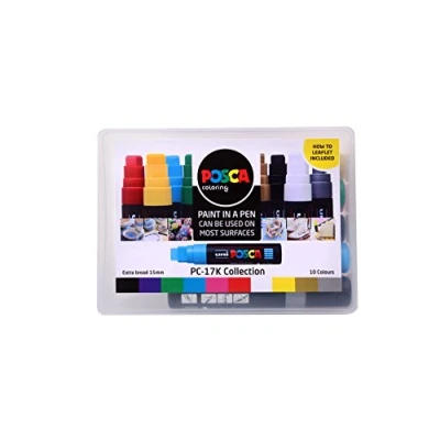 Image of POSCA PC 17K Permanent Marker Paint Pens. Broad Chisel Tip for Art &amp; Crafts. Multi Surface Use On Wood Metal Paper Canvas Cardboard Glass Fabric Ceramic Rock Pebble Stone Porcelain. Set of 10 Colours