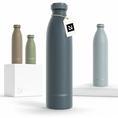 Image of LARS NYSØM Stainless Steel Insulated Water Bottle 12oz 17oz 25oz 34oz 51oz Thermo Flask for Hot and Cold Beverages Leakproof Drinking (Stone Blue, 750ml)