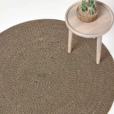 Image of HOMESCAPES Linen and Black Handwoven Braided Melange Rug 120cm Round Pattern Large Cotton