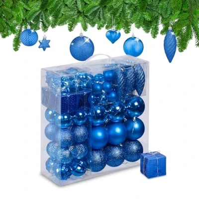 Image of Relaxdays Christmas Bauble Set of 110, Glittery, Matt &amp; Shiny Ornaments, Plastic Xmas Tree Balls, HxD: 9 x 8 cm, Blue