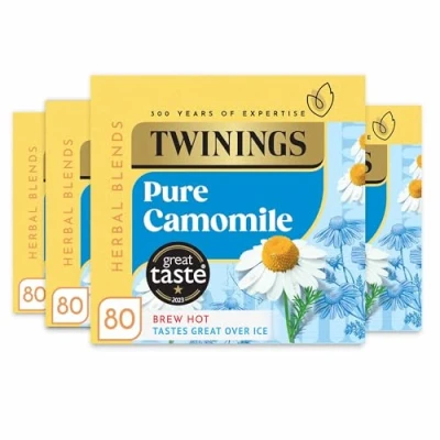Image of Twinings Pure Camomile Flavoured Tea 320 BiodegradableTea Bags (Multipack of 4 x 80 Bags), Caffeine &amp; Sugar Free Herbal Vegan , Soothing Calming Beverage