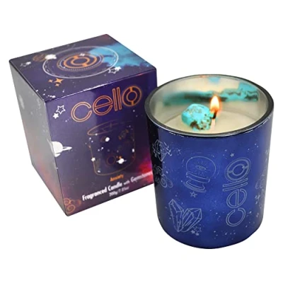 Image of Cello Celestial Scented Candle with Turquenite Gemstones. A Metallic Blue Crystals. The Ideal Astrology Gifts, Suitable Candles for Men &amp; Gifts Women.
