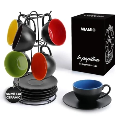 Image of MIAMIO Set of 6, Ceramic Stackable Cappuccino Cups / 175 ml Mugs and Saucer with Metal Stand for Coffee Drinks, Cappuccino, Latte, Americano Tea Le Papillon Collection (Mixed)