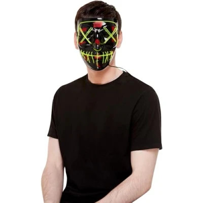 Image of Smiffys Stitch Face Mask, Green Neon Light Up, Black with Elastic Strap, Halloween Fancy Dress Accessory, Adult Up Masks