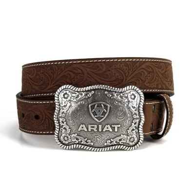 Image of ARIAT Men&#039;s Genuine Aged Bark Leather Belt w/Floral Embossed with Antique Silver Logo Buckle, Black, 46
