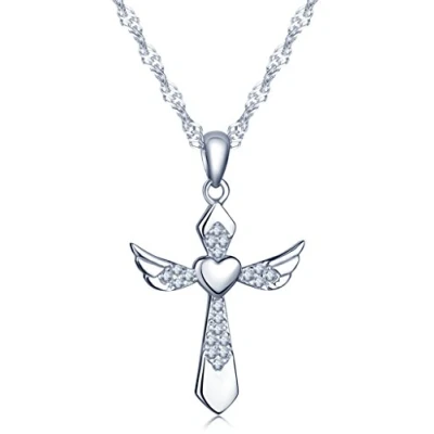 Image of Infinite U Elegant Angel Wings Heart Cross Pendant 925 Sterling Silver Rhodium Plated Cubic Zirconia Necklace for Women/Girls