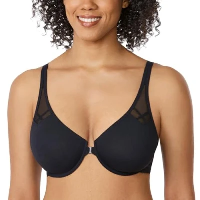 Image of Delimira Women&#039;s Front Fastening Bras Underwire Non Padded Plunge Racer Back Comfort Plus Size Bra Black 42DD