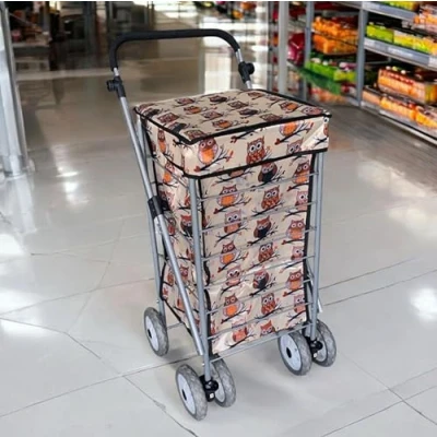 Image of Faboer Large 6 Wheels Lightweight Foldable Shopping Trolley on Hard Wearing Cart for Storage Sturdy Push/Pull Wheel and Easy Maneuverability (Beige Owl Print)