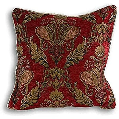 Image of Riva Paoletti Shiraz Square Filled Cushion Red Embroidered Damask Jacquard Gold Piped Edges Reversible Zip Closure 100 Case (18&quot; x 18&quot; inches), Polyester, Burgundy, 45 45cm