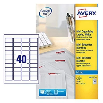 Image of Avery Printable, customisable Address Mailing labels, Inkjet Printers, 40 Labels per A4 Sheet, 1000 QuickDRY (J8654), white