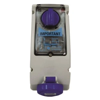 Image of Commando Type Professional Quality Interlocked Switched Socket,32A, 3 Pin, 240V, 50 60Hz Single Phase, Blue, IP67 IEC309, Empty Unit c/w Din rail and hinged window for 4 modules