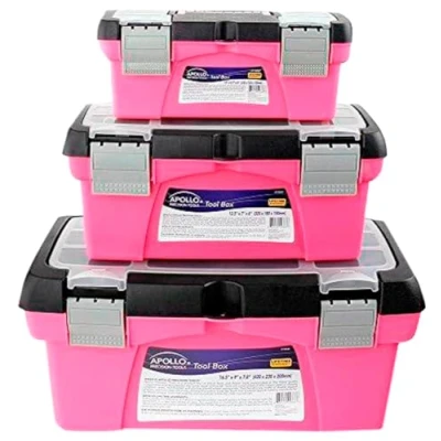 Image of Apollo Tools Set of 3 Pink Stackable Tool Boxes with Top Compartment and Removable Trays for Crafts, Storage Ribbon Pink/Black DT5005P