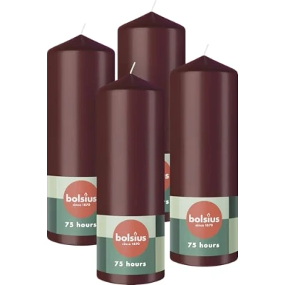 Image of Bolsius Pillar Candles Dark Red 4 Pack 20 x 7 cm Decorative Household Long Burning Time of 75 Hours Unscented Includes Natural Vegan Wax Without Palm Oil