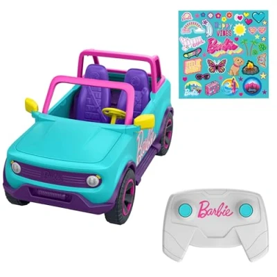 Image of Hot Wheels Barbie Remote Control Car, SUV &amp; Stickers, Can Hold Store 2 Dolls Accessories, Kid Applied Stickers for Customization, HTP53