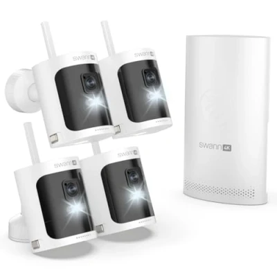 Image of Swann AllSecure 4K Wireless Security System with 4 x Wire Free Cameras &amp; Rechargeable Batteries, NVR Tower, Always Charged, Secure AS4K800SD4
