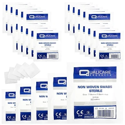 Image of Qualicare None Woven 4PLY Sterile Gauze Medical Swabs Single Pack, 7.5cm x Sqaure 25 Pack (125 Swabs)