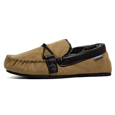 Image of Mens Famous Dunlop GEORGE Moccasin Loafers Faux Sheepskin Fur Slippers with Rubber Sole (11 UK, Tan Saddle)