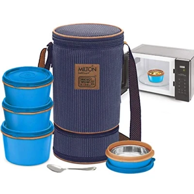Image of MILTON Bento Lunch Box Set 4, MICROWAVEABLE Stainless Steel Meal Prep Containers, Expandable Insulated Bag, SS Spoon Double Wall Food Storage Boxes Airtight Lids for Men, Women, Kids Blue