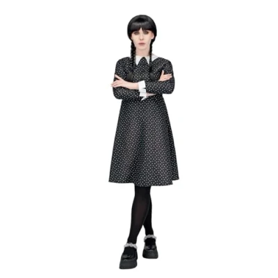 Image of Smiffys Adult Gothic School Girl Costume Spotted Dress, Halloween Fancy Schoolgirl Dress Up Costumes