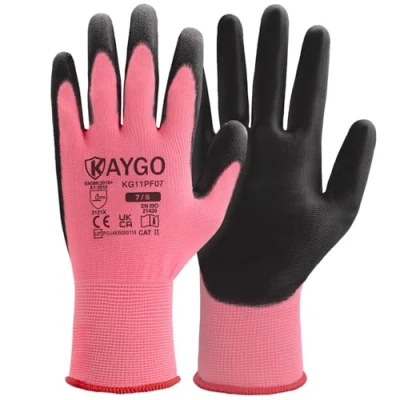 Image of KAYGO Work Gloves PU Coated 12 Pairs, KG11PF, Safety Working with Secure Grip on Palm &amp; Fingers, for Men and Women, Ideal General Duty Work, Gardening(Small, Pink)